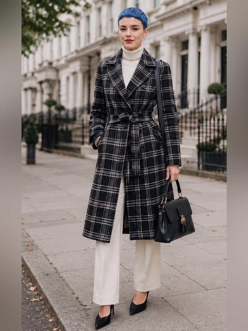 Le Chateau Black White Plaid Belted Coat M Made in Canada